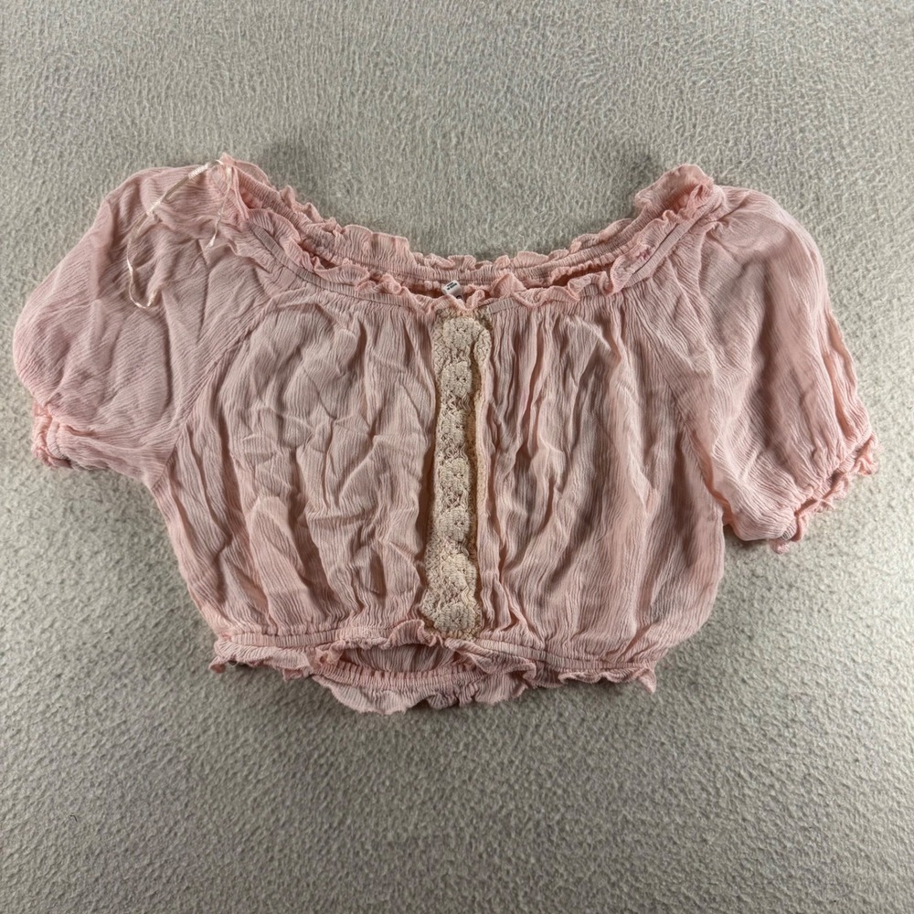 Salty Lemon Crop Top Womens M Pink Boho Lace Gauze Puff Sleeve Cottagecore Boho